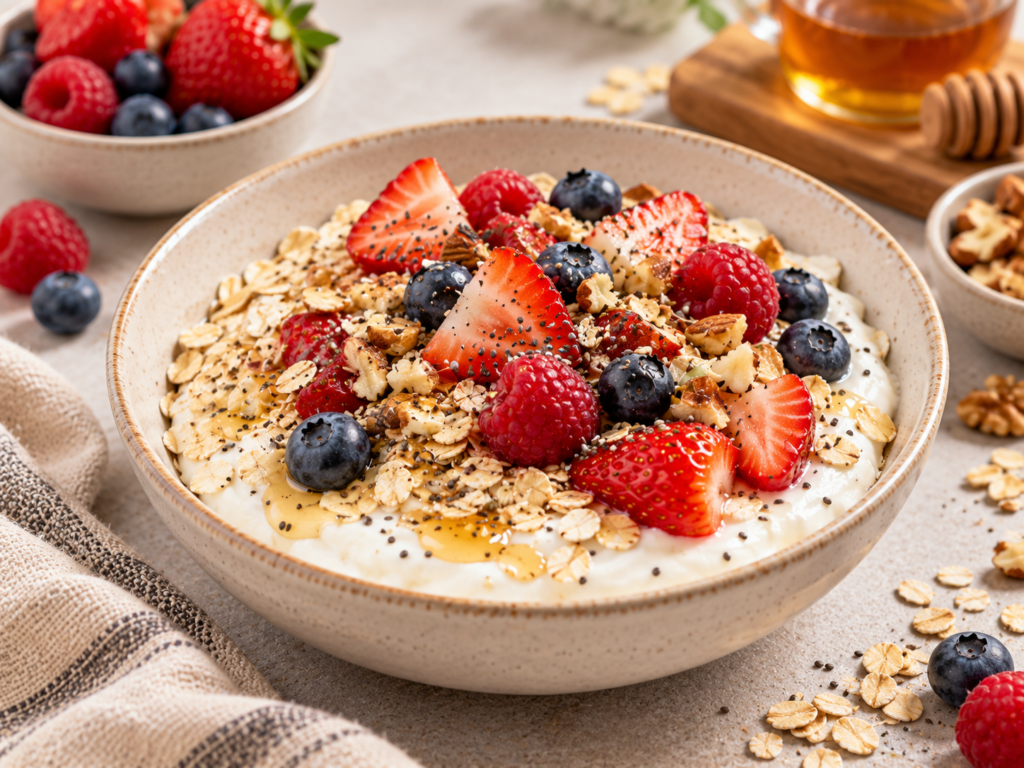 Bowl de yogur, avena y frutos rojos